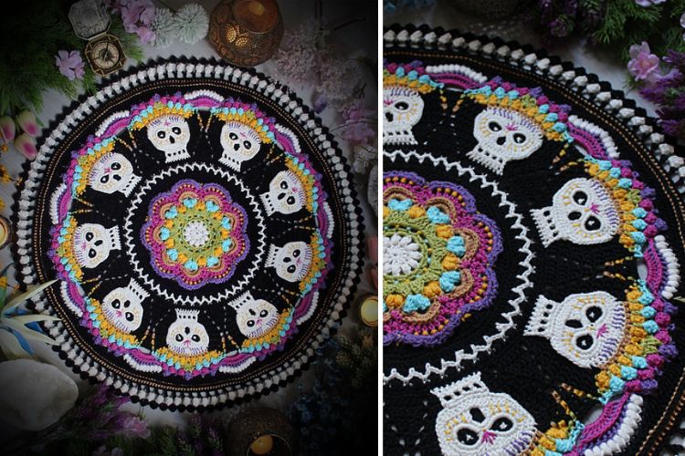 a Halloween multicolored crochet mandala with a skull motif