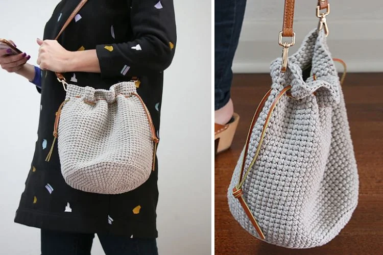 Two pictures of a woman holding a crocheted bag.