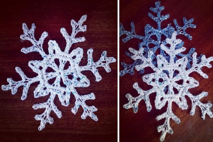 Two pictures of a snowflake on a wooden table.