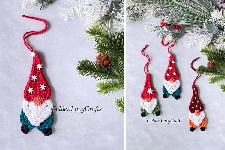 Crocheted gnome ornaments hanging on a tree.