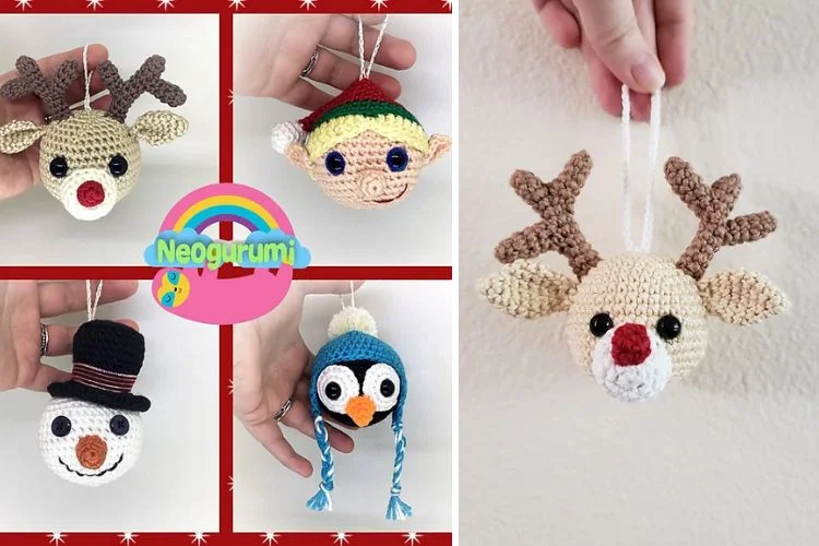 Four pictures of crochet reindeer ornaments.