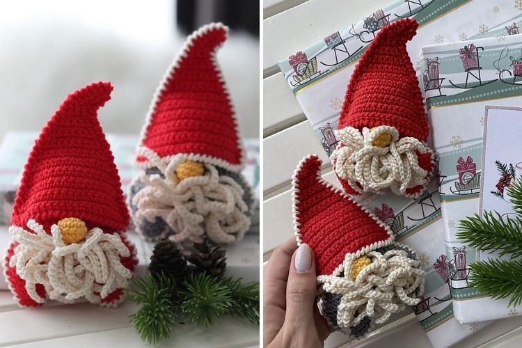 Two pictures of crocheted gnomes next to a christmas tree.