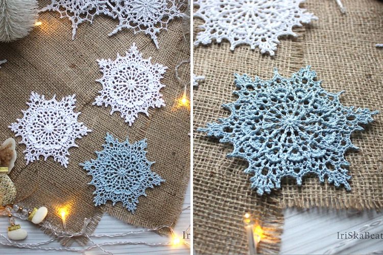 Two pictures of crocheted snowflakes on a table.