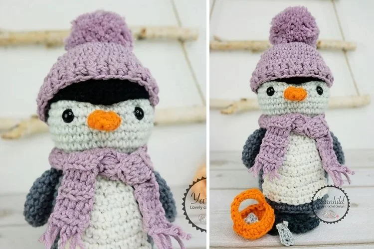 A crocheted penguin wearing a purple scarf and hat.