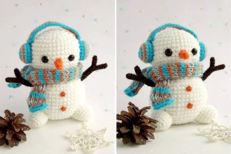 Two pictures of a crocheted snowman with headphones.