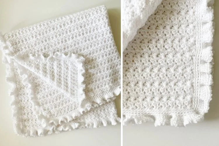 A white crocheted baby blanket with ruffles.