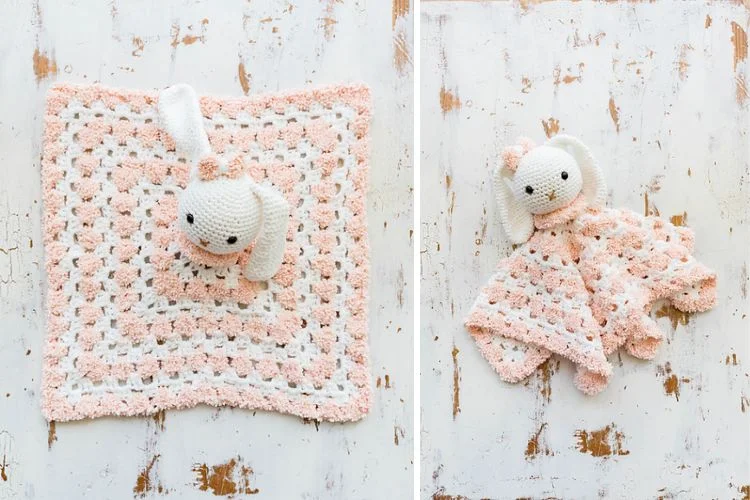 Two pictures of a crocheted bunny stuffed animal.