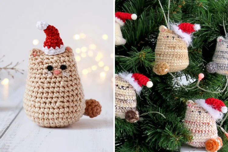 Two pictures of crocheted cat ornaments hanging on a christmas tree.