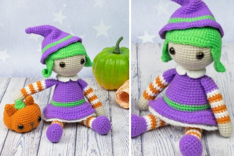 Two pictures of a crocheted witch doll with a pumpkin.