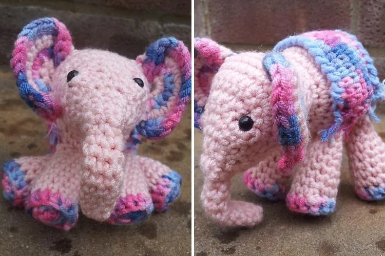 Two pictures of a crocheted pink and blue elephant.