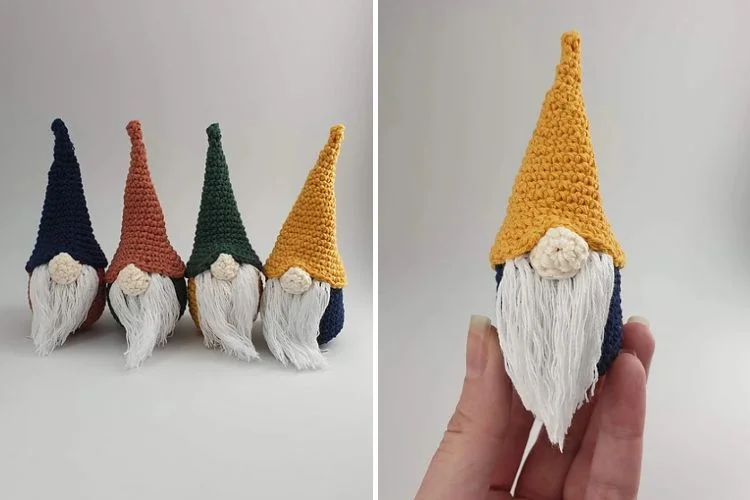 Crocheted gnomes with beards and hats.