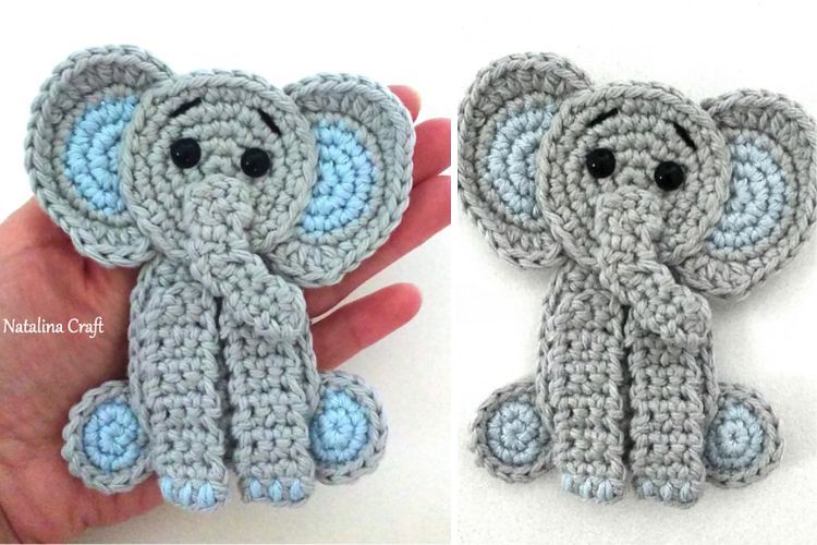 Two pictures of crocheted elephant amigurumi featuring an elephant applique.