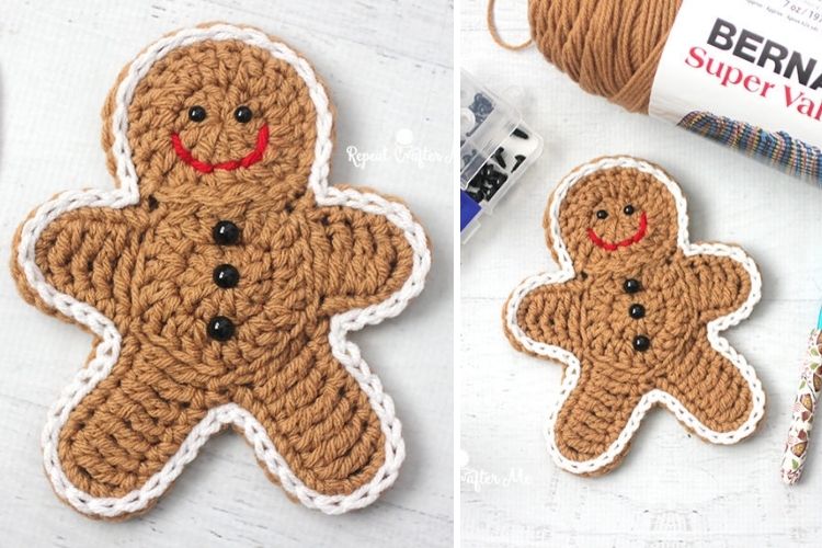 Two pictures of a crocheted gingerbread man.