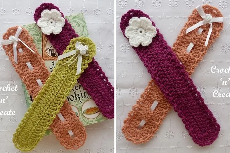 Crocheted bookmarks with a flower on them.