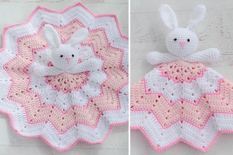 a crochet bunny security blanket in pink and white colors