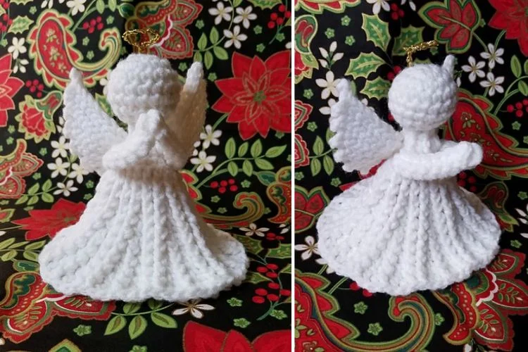 Two pictures of crocheted angel ornaments.