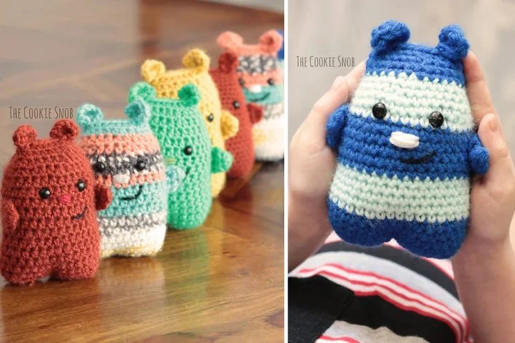 Two pictures of crocheted stuffed animals.