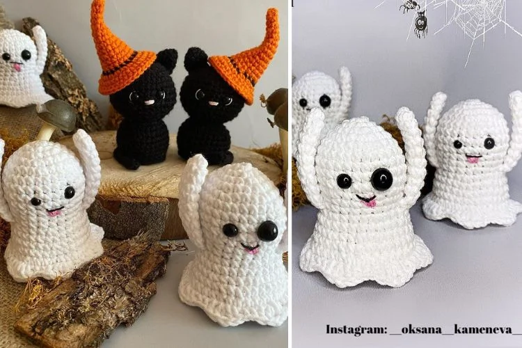 Two pictures of Amigurumi ghosts.