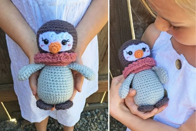 Two pictures of a little girl holding a crocheted penguin.