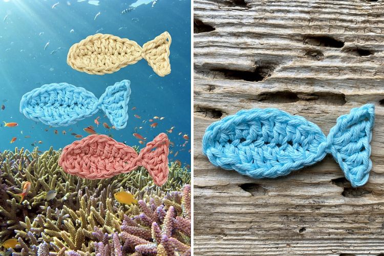 Two pictures of crocheted fish on a wooden surface.