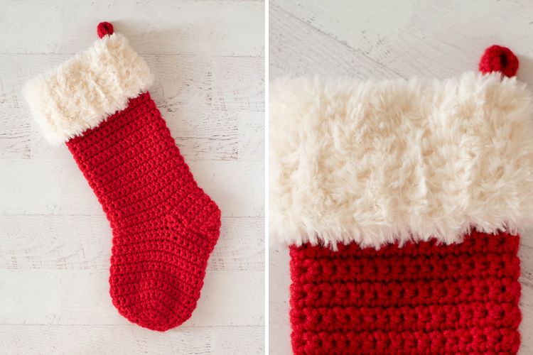 Two pictures of a crocheted santa stocking.