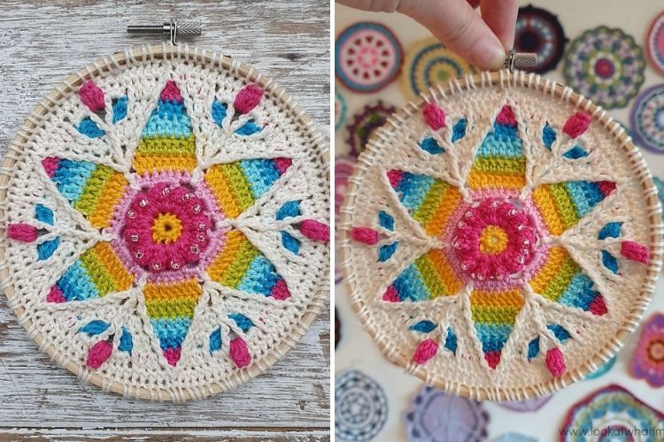 Two pictures of a crocheted flower hanging on a wall.