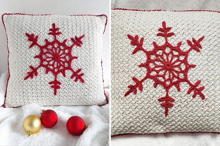 Two pictures of a crocheted snowflake pillow.