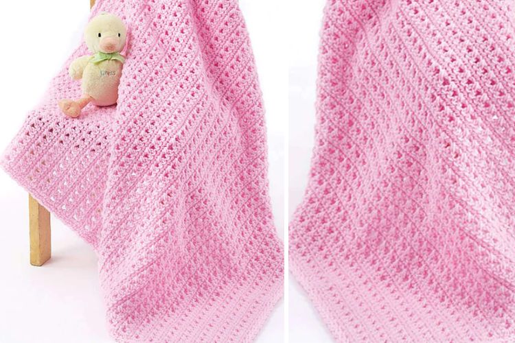 Two pictures of a pink crocheted blanket with a teddy bear.