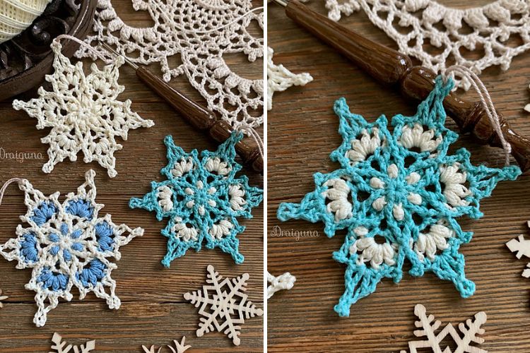 Crocheted snowflake ornaments on a wooden table.