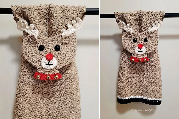 Two pictures of a crocheted reindeer towel hanging on a hanger.