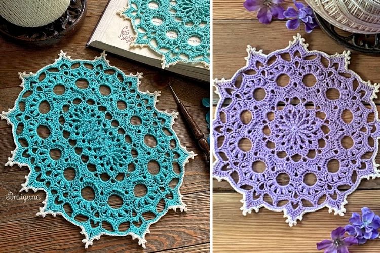 a blue oval crochet doily and a purple round crochet doily