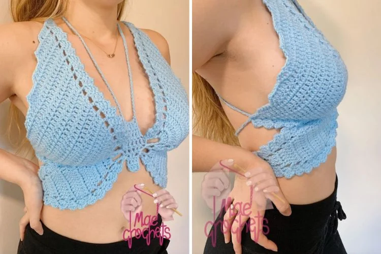 Two pictures of a woman wearing a blue crochet top with butterfly design.