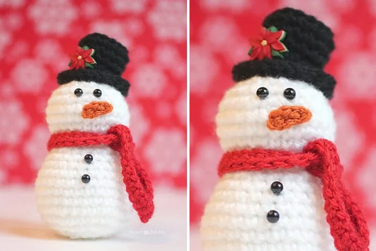 Two pictures of a crocheted snowman.