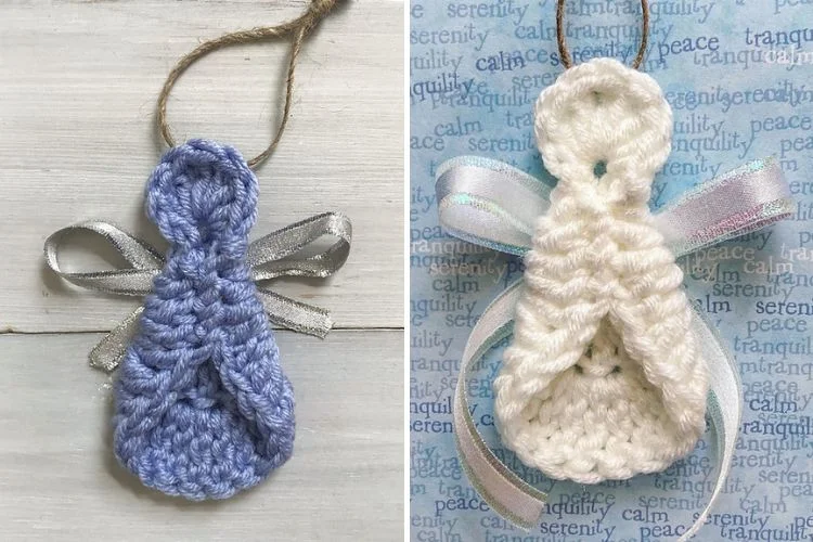 Two pictures of crocheted angel ornaments.