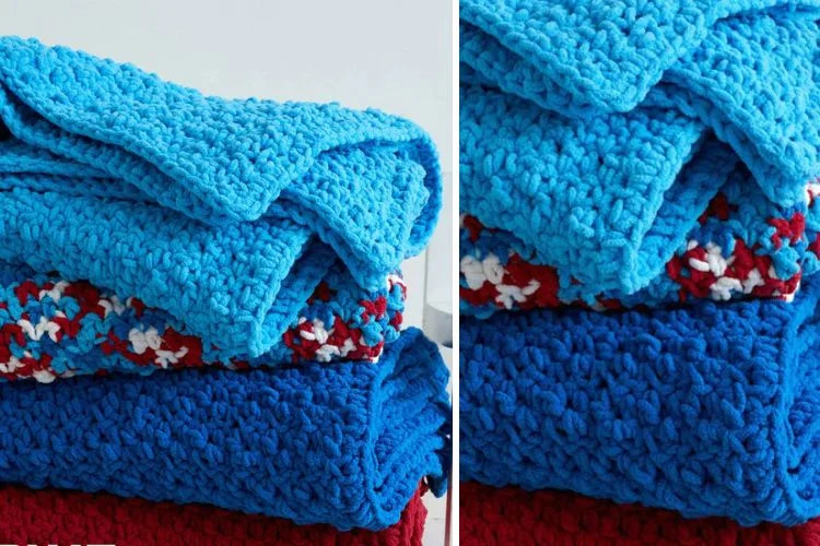 A stack of blue and red crocheted blankets.