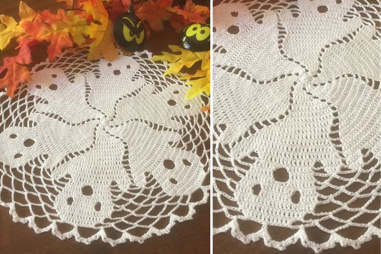 Two pictures of a crochet doily with ghosts on it.