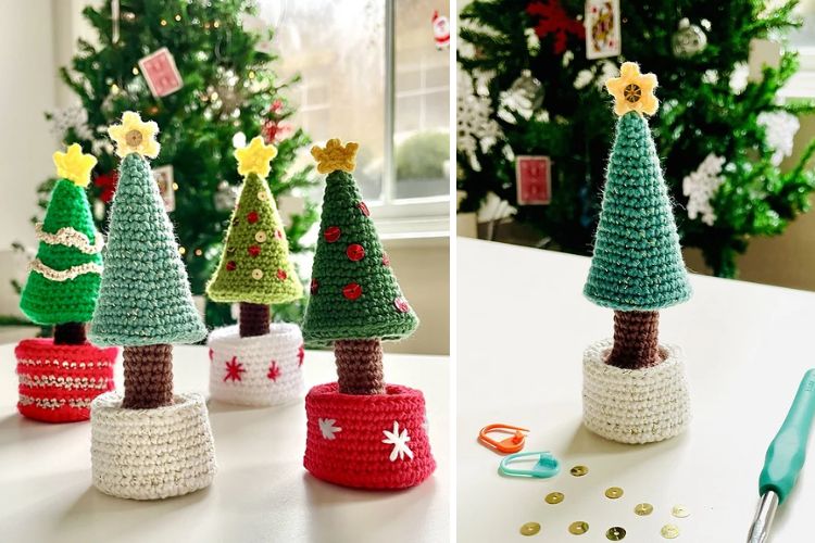 a set of Christmas tree crochet amigurumi with pots