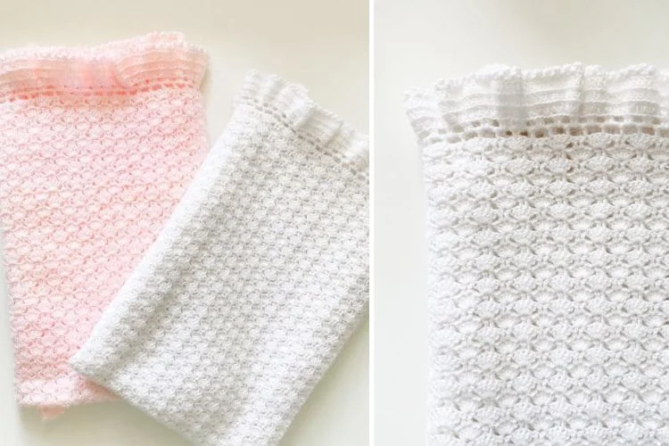 Two pictures of crocheted white and pink blankets.