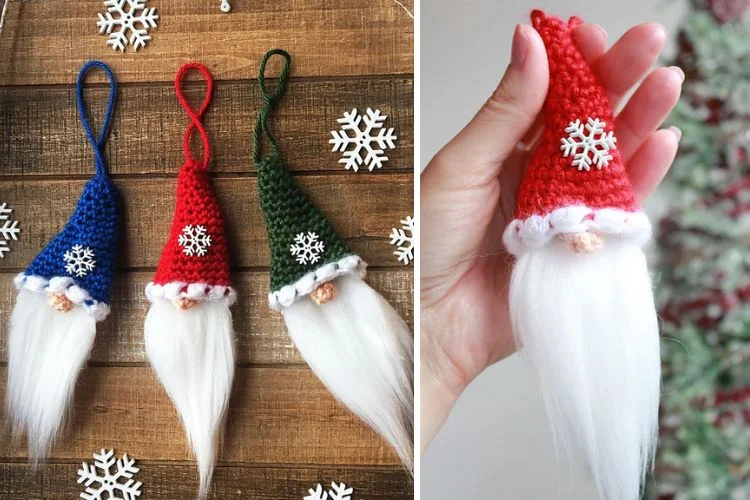 Crocheted gnome ornaments with snowflakes on them.