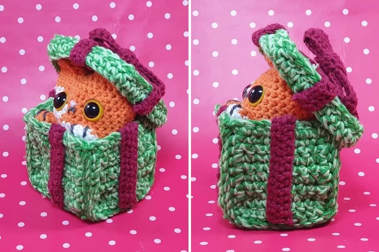 Two pictures of a crocheted stuffed animal in a gift bag.