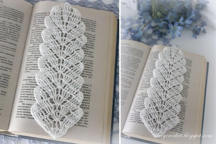 Two pictures of a white crocheted leaf bookmark on an open book.