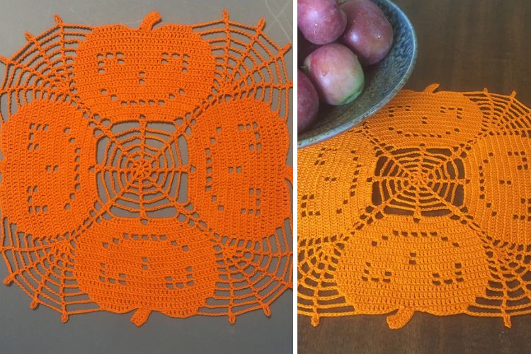 Two pictures of a crocheted pumpkin placemat on a table.