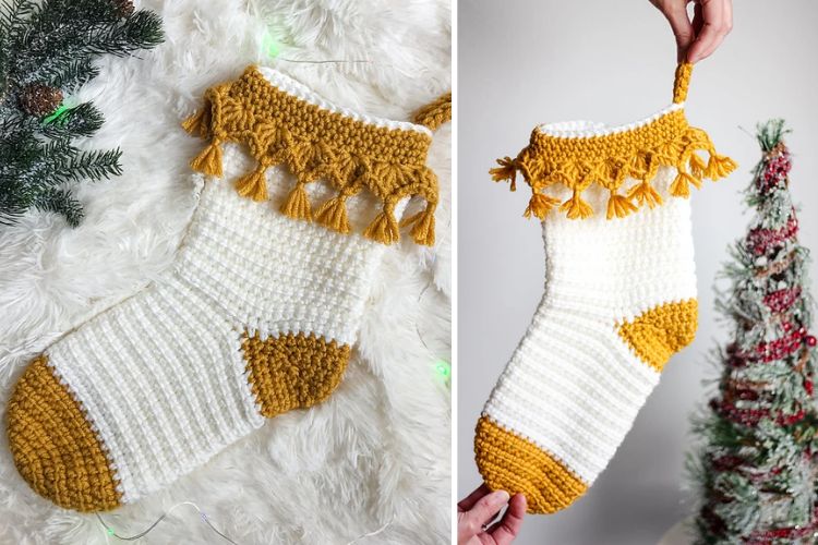 Two pictures of a crocheted christmas stocking with tassels.