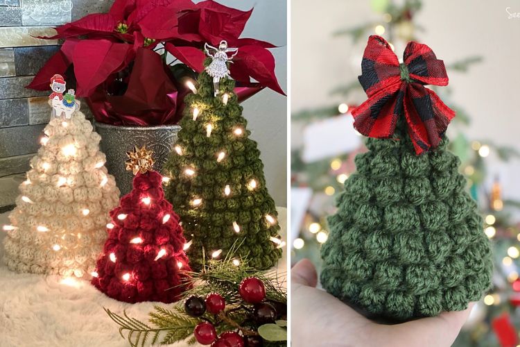 Crocheted christmas trees with bows and poinsettias.