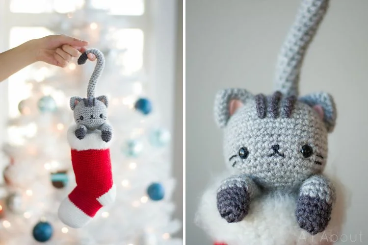 Two pictures of a crocheted cat stocking hanging on a christmas tree.