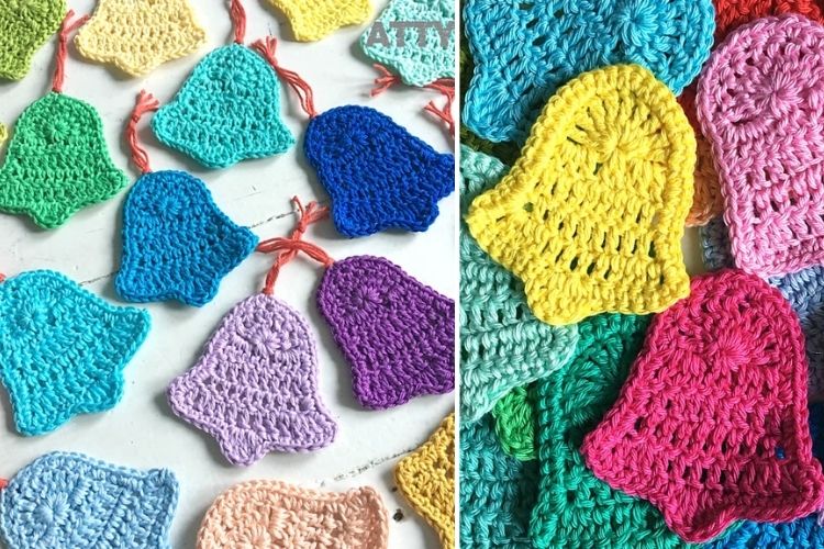 Crocheted bell ornaments in different colors.