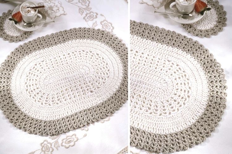 Two pictures of crocheted placemats on a table.