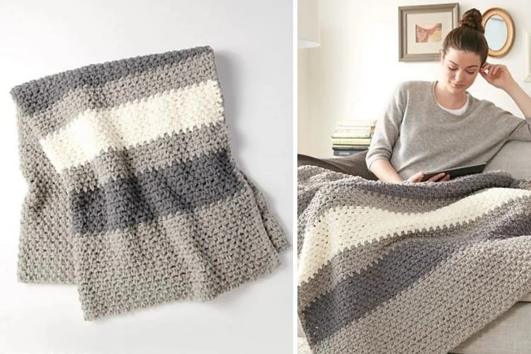 A woman is sitting on a couch with a crocheted afghan.