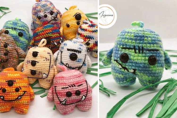 A group of crocheted monsters in different colors.