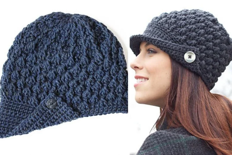 Two pictures of a woman wearing a knitted hat.